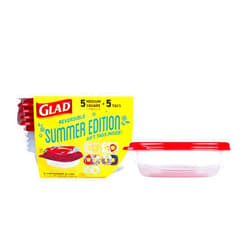 Glad Food Storage Containers, GladWare Summer Edition with Reversible Lid Inserts – 5 Ct Medium Square Containers & Lids, 25oz Microwave-Safe, Freezer-Safe, Dishwasher Safe
