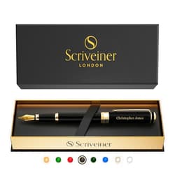 Scriveiner Personalized Black Fountain Pen - Stunning Luxury Pen, Jet Black Lacquer, 24K Gold Finish, German Schmidt Nib (Medium), Best Engraved Fountain Pen Gift Set for Men & Women, Name Engraving