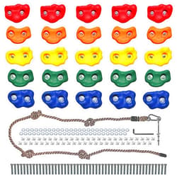 Jungle Gym Kingdom Rock Climbing Holds for Kids - Indoor & Outdoor Rock Wall Climbing Kit with Mounting Hardware, Knotted Rope and 25 Handles - Playground Accessories﻿