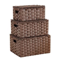 YMhoart Woven Storage Bins With Lids Shelf Baskets Wicker Organizing Rattan Boxes Hand Organizer Closet Handle Makeup Bathroom Decor Shelves Container (Brown)