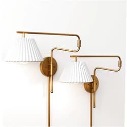 Nathan James Kai Modern Wall Mounted Plugin Bedside Reading Lamp with Pleated Shade, Vintaged Brass Finish, Set of 2