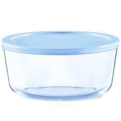 Pyrex Colors (7 Cup) Tinted Glass Large Round Food Storage Container, Snug Fit Non-Toxic Plastic BPA-Free Lids, Freezer Dishwasher Microwave Safe, Blue