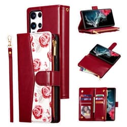 UEEBAI Wallet Case for Samsung Galaxy S22 Ultra 5G, PU Leather Magnetic Closure Handbag Zipper Pocket Case Kickstand Card Holder Slots with Wrist Strap TPU Shockproof Flip Cover - Flower Wine Red