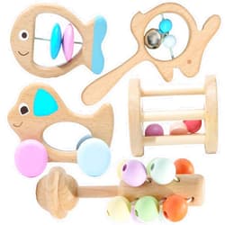 Montessori Mama Wooden Toys for Babies 5-Piece Collection - Multi-Sensory Learning Rattle for Babies - Infant Wooden Toy Set Baby Weights Toys - Teether