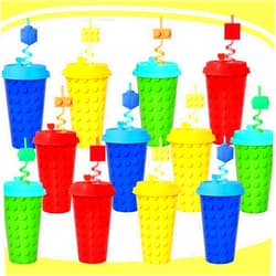 FZR Legend 24 Sets Building Blocks Party Favors Cups with Straws Bulk, 16 OZ Bricks Cups with Lids for Building Block Birthday Party Decorations Supplies