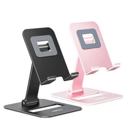 Nulaxy 2 Pack Dual Folding Cell Phone Stand, Fully Adjustable Phone Holder for Desk, Compatible with iPhone 16 15 14 13 12 11, Nintendo Switch, All Phones, Black & Rose Gold