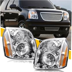 CLERYYE Headlight Assembly Compatible with GMC Yukon XL 1500 2500 [Denali Style] SUV 2007-2014, Halogen Head Lamp Replaces 20969896 20969897, w/o bulb, Chrome Housing+Amber, Left+Right, Pair