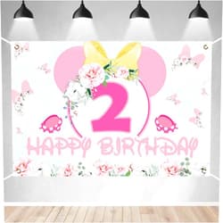 BECKTEN Cartoon Mouse Pattern Happy 2nd Birthday Banner Backdrop Beautiful Pink Flowers Theme Background Decor for Girls Princess Second Birthday Party Favors Decorations Supplies 70.8x47.2in-BECKTEN