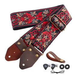 Nefelibata Guitar Strap,Jacquard Embroidery Cotton Guitar Straps with Crazy Horse Leather Leather Ends for Bass, Electric & Acoustic, Best Gifts for Kids, Guitarists(Retro Red Flower)