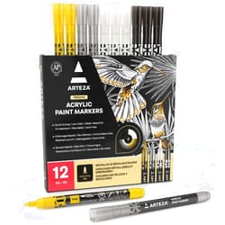 ARTEZA Acrylic Paint Markers, Set of 12 Metallic Marker Pens, 3 Gold, 3 Silver, 3 Black, 3 White, Extra-Fine Nibs, 15mm, for Stone, Glass, and Wood