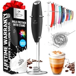Zulay Kitchen Tornado Whisk Milk Frother Handheld - Coffee Frother Wand With Stand - Triple Whisk Hand Held Drink Mixer - Electric Stirrer Frothing Wand for Latte, Matcha, Protein Powder - (Black)
