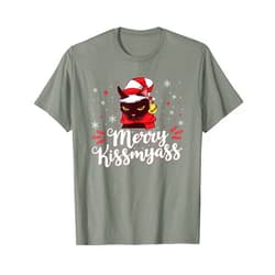 Grumpy Christmas Cat Lover Gifts Merry KissMyAss, Inappropriate Black Cat Christmas T-Shirt