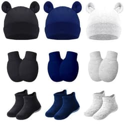 Geyoga 9 Pieces Newborn Baby Hat Mittens Sock Set Bear Ears Hat Mittens No Scratch Gloves for 0-12 Months Boy Girl
