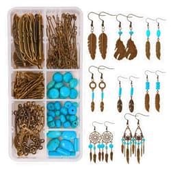 SUNNYCLUE 1 Box DIY 8 Pairs Bohemian Feather Dream Catcher Earring Making Kit Antique Bronze Feather Charm Connector, Turquoise Gemstone Beads, Earring Hooks Jewelry Supplies Beginners, Instruction