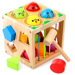 Coogam Wooden Montessori Toys for Toddlers, Shape Sorting Cube Whack Mole Fine Motor Skills Game for Year Old 18 Month+ Baby Boys Girls Gift
