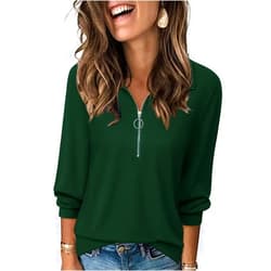 Vivilli Womens Tops Dressy Casual Summer Fall Outfts 3/4 Length Sleeve V Neck Shirts Work Blouses Zipper Collar Polo Shirts