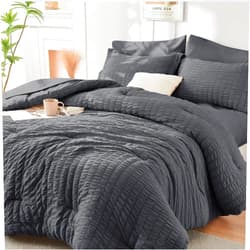 HYMOKEGE Queen Comforter Set Seersucker 7 Pieces, All Season Luxury Bed in a Bag for Bedroom, Bedding Set with Comforters, Sheets, Pillowcases & Shams, Dark Grey