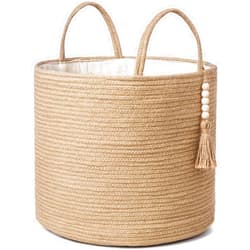 Mkono Woven Storage Basket Decorative Natural Rope Basket Wooden Bead Decoration for Blankets,Toys,Clothes,Shoes,Plant Organizer Bin with Handles Living Room Home Decor, Jute, 16