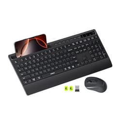 seenda Bluetooth Keyboard and Mouse, Multi-Device Ergonomic Keyboard Mouse with Wrist Rest, Phone Holder, Full Size Wireless Quiet Combo Compatible for Windows, Laptop, MacBook Pro/Air, iPad - Black