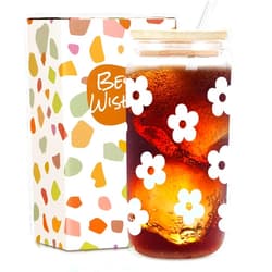 Frerdui Daisy Glass Cup with Lid & Straw, Cute Gifts, Gifts for Friends Female, Best Friends Birthday Gifts, Iced Coffee Glass, Aesthetic Cups, Floral Glass Cup, 16oz Glass Cup - Daisy Gifts for Coffee Lover