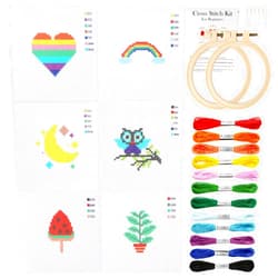 Pllieay Cross Stitch Beginner Kit for Kids 7-13, Includes 6pcs Project Cross Stitch Pattern and 2pcs Hoops, 12 Skeins, Needle Point Starter Kit Sewing Set with Instructions