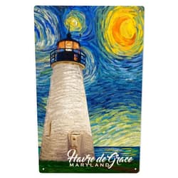 Lantern Press 6x9 Inch Wood Sign, Ready to Hang Wall Decor, Havre De Grace, Maryland, Lighthouse, Starry Night