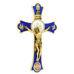 Holy Mass Crucifix Gold Tone and Blue Epoxy Holy Mass Crucifix with Saint Michael Devotional Medal, 8 Inch