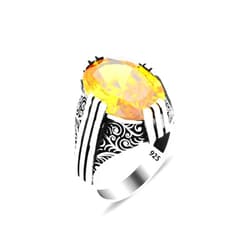 Mercan Silver Silver Citrine Stone Ring, Yellow Citrine Ring, Oval Men Ring, Engraved Ring, Father Day Gift, Men Ottoman Ring, 925k Sterling Silver Ring