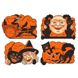 Beistle Vintage Halloween Cutouts 4-Pack – Double-Sided Cardstock Decorations with Retro Moon, Witch, Black Cat and Pumpkin Designs for Walls, Windows and Spooky Party Displays, 9”