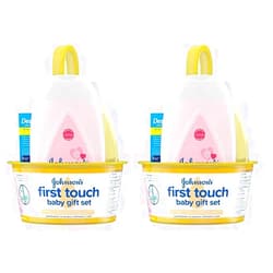 Johnson's Baby Johnson's First Touch Baby Gift Set, Baby Bath, Skin & Hair Essential Products, Kit for New Parents with Wash & Shampoo, Lotion, & Diaper Rash Cream, Hypoallergenic & Paraben-Free, 4 items (Pack of 2)