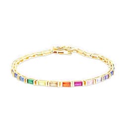 AFFY 14k Gold Plated 925 Sterling Silver Colourful Bar Setting Rainbow Baguette Sparkling Multi Color Sapphire Gemstone Tennis Bracelet, Jewelry for womens