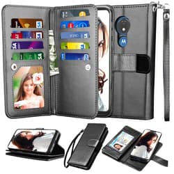 Njjex for Moto G7 Power Wallet Case, for Motorola G7 Supra/XT1955/Moto G7 Optimo Maxx XT1955DL Case, [9 Card Slots] PU Leather Card Holder Folio Flip [Detachable] Magnetic Lanyard Phone Cover [Black]