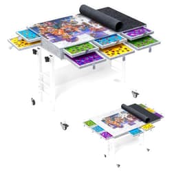 Tektalk 2000 Piece Foldable Felt Jigsaw Puzzle Board with Height Adjustment, Puzzle Table with 2 Felt Cover & 8 Sorting Trays/Drawers, Easel with Legs, Enclosed with 4 Roller Wheels (Light Gray)