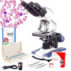 AmScope - 40X-2500X LED Binocular Compound Microscope with 3D Stage, 5MP Digital Camera, 50-Piece Prepared Slides Set, and 3-Piece Precision Tweezers Set - VB-B120C-PRO