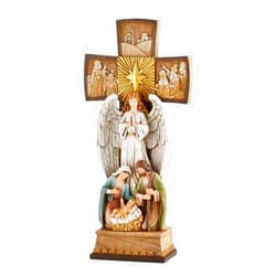 Christian Brands Avalon Gallery Christmas Figurines - Joseph Mary with Jesus and Angel Standing Cross Centerpiece Figurine, 14-Inch, Nativity Cross