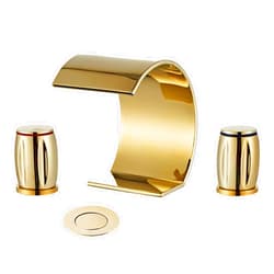 Yannlii Shiny Polished Gold Widespread Waterfall Bathroom Sink Faucet,Two Crystal Handle Three Hole Brass Lavatory Vanity Faucet,8-16 Inch Basin Mixer Tap with Pop Up Drain Assembly,French Gold