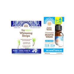 GuruNanda Teeth Whitening Strips with Coconut Oil - 14 Enamel Safe Strips for Sensitive Teeth & Concentrated Mouthwash with 100% Natural Essential Oils - Helps Bad Breath, Promotes Teeth Whitening