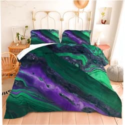 Motorax Green Purple Marble Comforter Set Queen, Abstract Marble Bedding Set (Green Purple, Blue)