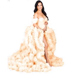BONOYUER Women's Tulle Maternity Gown for Photoshoot Puffy Ruffles Bridal Lingerie Pregnancy Robe Bathgown Wedding Scarf
