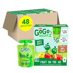 GoGo squeeZ Applesauce and Fruit Puree, Apple Apple, 3.2 oz (Pack of 48), Unsweetened Fruit Snacks for Kids, Gluten Free, Nut Free and Dairy Free, Recloseable Cap, BPA Free Pouches