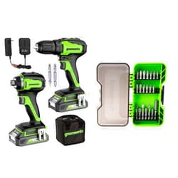 Greenworks 24V Brushless Drill/Driver + Impact Drive Combo Kit, Batteries and Charger Included, with 20-Piece Impact Rated Driving Bit Set