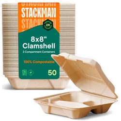 Stack Man 100% Compostable Clamshell Take Out Food Containers [8X8