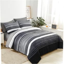KAKIJUMN 5 Piece Bed in a Bag Stripe Comforter Set Twin Size, White Grey Black Patchwork Striped Comforter and Sheet Set, All Season Soft Microfiber Complete Bedding Sets(Grey,Twin)