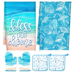 Leinuosen 6 Floral Plant Oven Mitts and Pot Holders Sets Farmhouse Kitchen Towels Absorbent Dish Towels for Cooking Baking Grilling(Blue, Ocean)