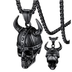 FaithHeart Customize Engrave Cool Skull Necklace for Men, 3D Odin Awe Helmet Pendant Boys Black Stainless Steel Vintage Punk Viking Jewelry Skeleton Accessories