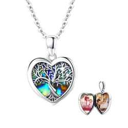 AOVEAO Tree of Life Locket Necklace That Hold Pictures Sterling Silver with Abalone Shell Family Tree Pendant Necklace Memorial Photo Heart Necklace Jewelry Xmas Gifts for Women