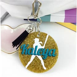 GemLights Gifts Softball Girl Glitter Bag Tag, Personalized, Monogrammed with Your Name and Your Colors