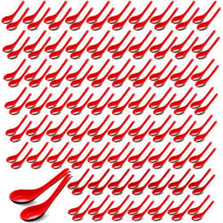 Hushee 200 Pieces Asian Soup Bulk Spoons 6.3 Inch Chinese Japanese Korean Style Serving Wonton Soba Rice Spoon with Hook for Pho Ramen Noodle Dumpling Dinner, Black and Red
