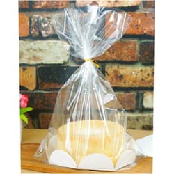 Mistari Clear Plastic Bake Bags Cellophane Treat Bags for Toast Bread Cookie Candy Cake Bakery Gift Packaging, 8“ Cake Tray and Gold Ribbon (10 Pack)