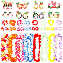 Decodinli 40 PCS Hawaiian Leis Party Decorations with 8 PCS Flower Headband, 8 PCS Neck Garland, 16 PCS Wristband and 8 PCS Paper Glasses for Hawaii Luau Party Favors, Hawaiian Leis Party Accessories